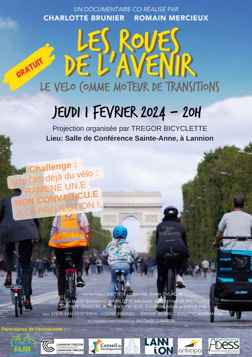 📢 Trégor Bicyclette organise une projection le 1er février 🕗 à 20h du film-documentaires 📽️ « Les roues de l'avenir » 🚴‍♀️🚴🚴‍♂️ co-réalisé par Charlotte Brunier et Romain Mercieux 🙂 c'est gratuit, venez nombreux !
➡️salle de conférence Sainte-Anne à Lannion