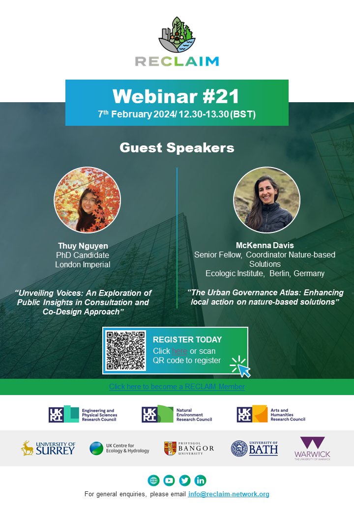@GuildfordLivingLab (@guildfordll) on Twitter photo Next month's <a href="/reclaim_network/">RECLAIM Network Plus</a> 's webinar will be on engaging the public in green, blue and infrastructure and nature-based solutions. Join Thuy Nguyen from <a href="/imperialcollege/">Imperial College London</a> and <a href="/McKennaDavis_/">McKenna Davis</a> from <a href="/EcologicBerlin/">Ecologic Institute</a> to hear all about it:
events.teams.microsoft.com/event/7153d636… Next month's <a href="/reclaim_network/">RECLAIM Network Plus</a> 's webinar will be on engaging the public in green, blue and infrastructure and nature-based solutions. Join Thuy Nguyen from <a href="/imperialcollege/">Imperial College London</a> and <a href="/McKennaDavis_/">McKenna Davis</a> from <a href="/EcologicBerlin/">Ecologic Institute</a> to hear all about it:
events.teams.microsoft.com/event/7153d636…