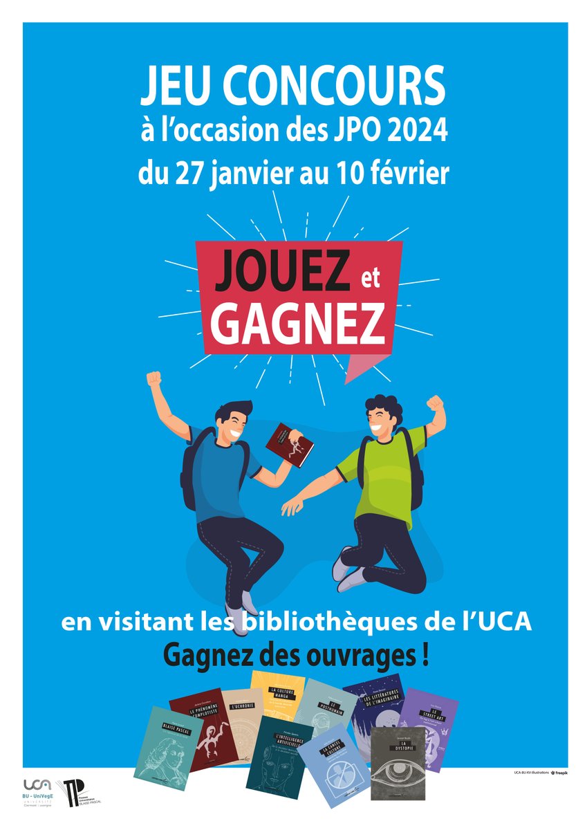 PU_BlaisePascal's tweet photo. [Jeu-concours🎁]
La @uca_bu et les PUBP s'associent pour vous proposer un grand jeu-concours et vous permettre de remporter des ouvrages de la collection "L'Opportune" lors des #JPO2024 de l'@UCAuvergne !
ℹ️ https://t.co/tApA6xD9OM
#jeu #jeuconcours #livresàgagner #opptune https://t.co/ZYb3JIpK8X