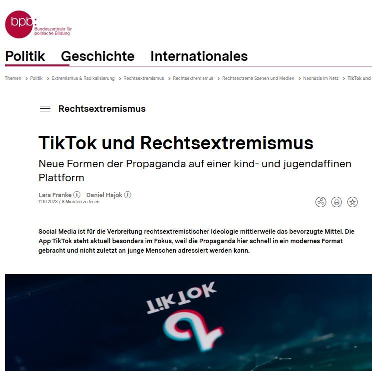 SCENOR | The Science Crew (@scenorcrew) on Twitter photo 📱✨ TIKTOK, EXTREMISM & YOUTH: right-wing extremist propaganda target young audiences. Read this article to find out, what makes TikTok appealing for extremists & more: buff.ly/48Cbscs
#reco_dar <a href="/modus_zad/">modus | zad</a> #extremism <a href="/TwitchDE/">Twitch DE</a> <a href="/discord/">Discord</a> <a href="/GIFCT_official/">Global Internet Forum to Counter Terrorism (GIFCT)</a> <a href="/GNET_research/">GNET</a> 📱✨ TIKTOK, EXTREMISM & YOUTH: right-wing extremist propaganda target young audiences. Read this article to find out, what makes TikTok appealing for extremists & more: buff.ly/48Cbscs
#reco_dar <a href="/modus_zad/">modus | zad</a> #extremism <a href="/TwitchDE/">Twitch DE</a> <a href="/discord/">Discord</a> <a href="/GIFCT_official/">Global Internet Forum to Counter Terrorism (GIFCT)</a> <a href="/GNET_research/">GNET</a>