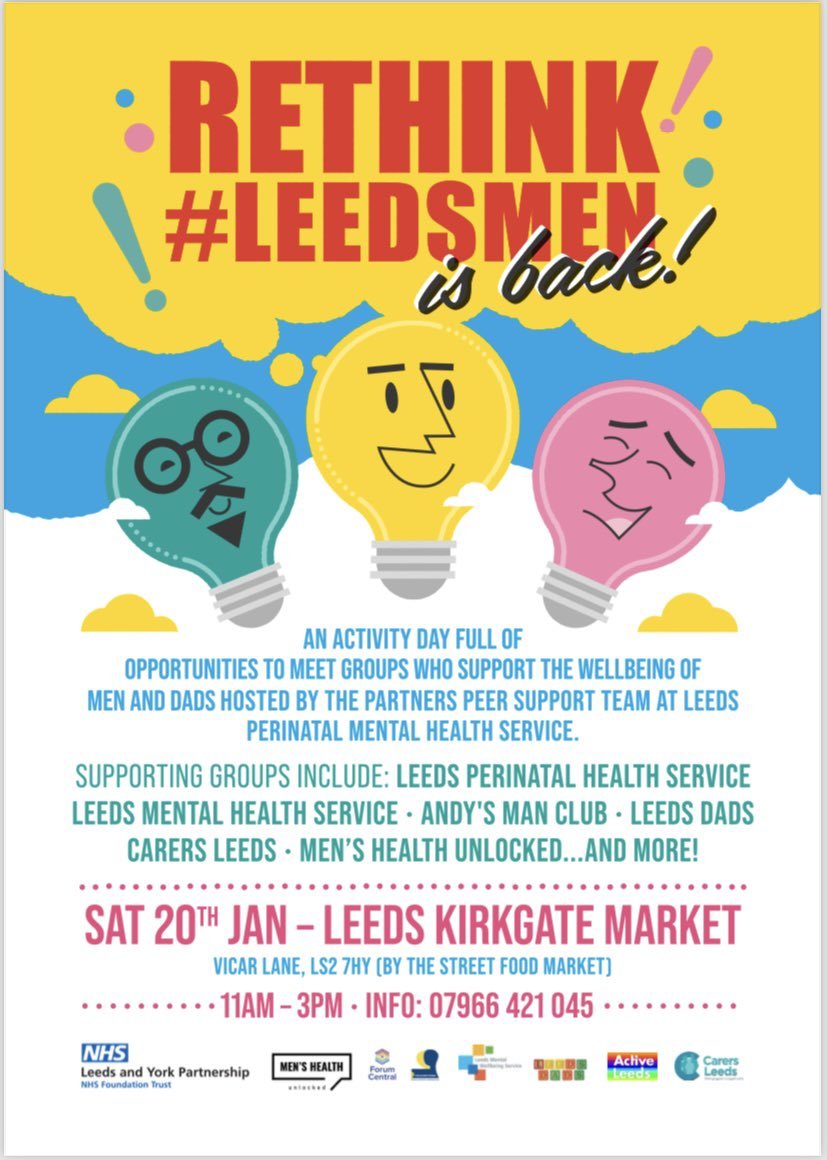 Rethink #LeedsMen is back everyone!! Join us this weekend on Sat 20th Jan 2024 between 11am - 3pm @ Leeds Kirgate Market. Fun filled day for all to join in and a great opportunity to learn about the amazing support available for men & dad's local to you. 💚 More info 👇