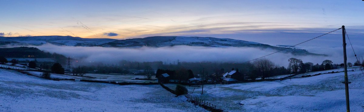 Mist in the valleys before sunrise this morning. Looking down on Birch Vale & New Mills.