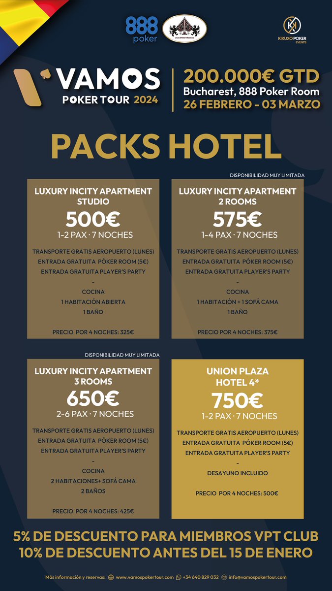 kikux0's tweet photo. Vuelve la promo #VamosLadies! 🎁

¡En 2024 vamos a llevar a una chica GRATIS a cada @VamosPokerTour! 

La primera promo será para el #VPTBucharest 🇷🇴, que se disputa del 26 febrero al 3 marzo con 200.000€ GTD!

El pack incluye: 
🧧1x Main Event 350€
🏩4 noches hotel 4* para 2 personas con desayuno (29feb-4mar)
🚌Transporte aeropuerto-hotel
🎫 Entrada GRATIS a la Poker Room (6€/día)
🎉 Entrada a la Player’s Party. 
👚 Merchandising VPT

Cómo participar:
1️⃣ Sigue a @VamosPokerTour 
2️⃣ RT y Like a este tweet
3️⃣ Envía a @VamosPokerTour por Mensaje Directo tu historia en el póker / por qué quieres venir al VPT.

Elegiremos a 9 finalistas que jugarán un S&G privado entre ellas… ¡y la ganadora se llevará el pack! 

Se agradece RT y que compartáis este tweet con todas las chicas que conozcáis que jueguen al póker 🤗