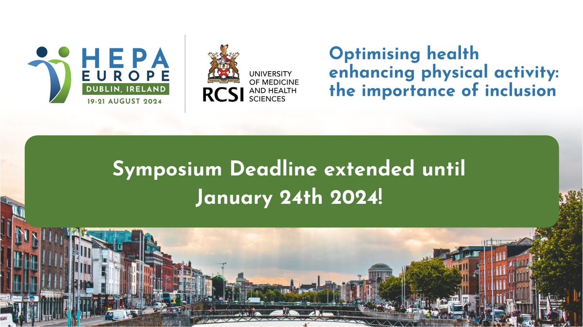 Symposium deadline for HEPA2024 conference 'Optimizing Health Enhancing Physical Activity: The importance of Inclusion' has been extended! Authors now have until 📅24th January to submit proposals, please visit hea2024.ie to find out more