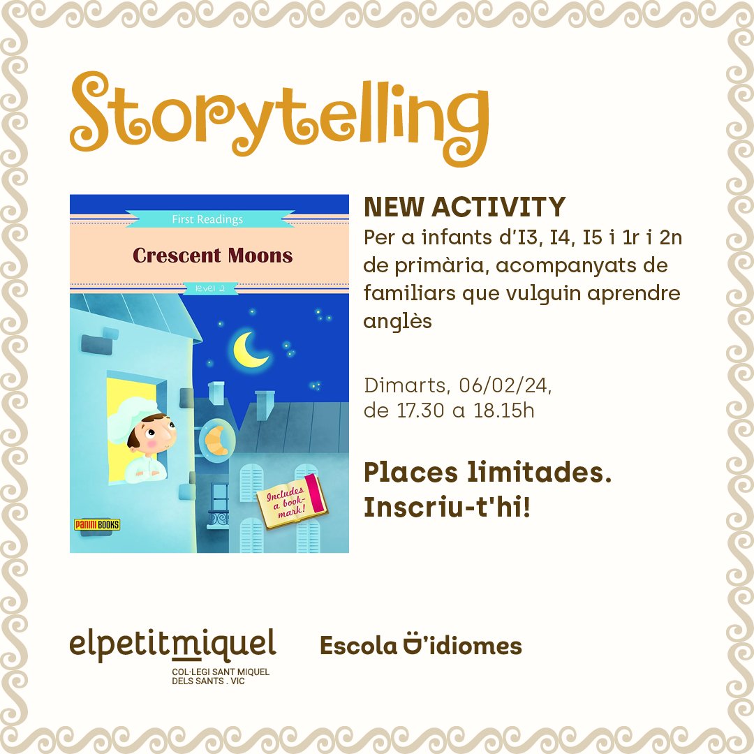🎙STORYTELLING!  Dimarts 06/02/23, de 17.30h a 18.15h, "Crescent Moons” 🌙 🌕🌟 Storytelling per a infants d'I3, I4, I5, 1r i 2n de primària, acompanyats de familiars que vulguin aprendre anglès. Aforament límitat!✍️ Cal inscripció prèvia 👉 forms.gle/KTTqhUiqFxBUm3…  📚💙