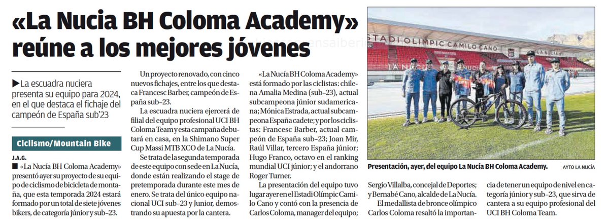 📣📣La presentación del equipo de “#LaNucía BH Coloma Academy”, que componen 7 CRACKS, hoy es noticia en diferentes medios de comunicación!🚴‍♂️👇🏻

📰<a href="/OndaCeroMB/">Onda Cero Marina Baixa</a> 👉🏻 ondacero.es/emisoras/comun…

📰<a href="/informacion_es/">INFORMACION.es</a> 👉🏻 informacion.es/deportes/2024/…

📰 <a href="/mundodeportivo/">Mundo Deportivo</a>👉🏻 mundodeportivo.com/ciclismo/20240…