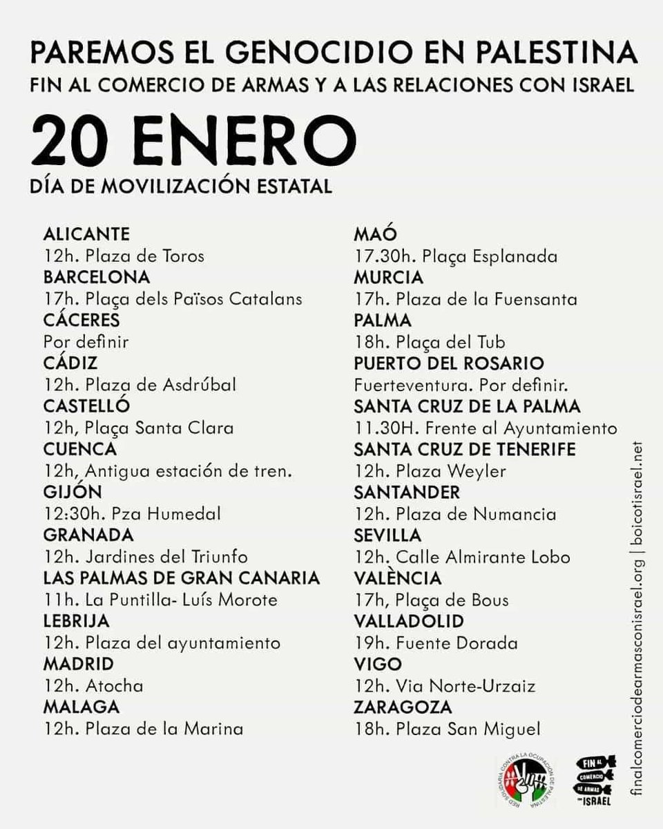 🇵🇸 Este sábado, 20 de enero se ha convocado en 24 ciudades de todo el Estado manifestaciones contra el #genocidio en Palestina.

Te esperamos en Atocha, a las 12.00, para exigir el fin de la guerra, cortar relaciones con Israel y que dejen de vender armas a estos asesinos.