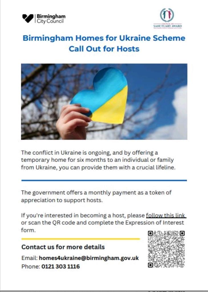 Call out for hosts - Birmingham Homes for Ukraine @ACHintegrates @nearneighbours1 @CMFD_Aston @EsolHub @CREMEatAston @RestoreBefriend @HallgreenN @HandsworthSchs