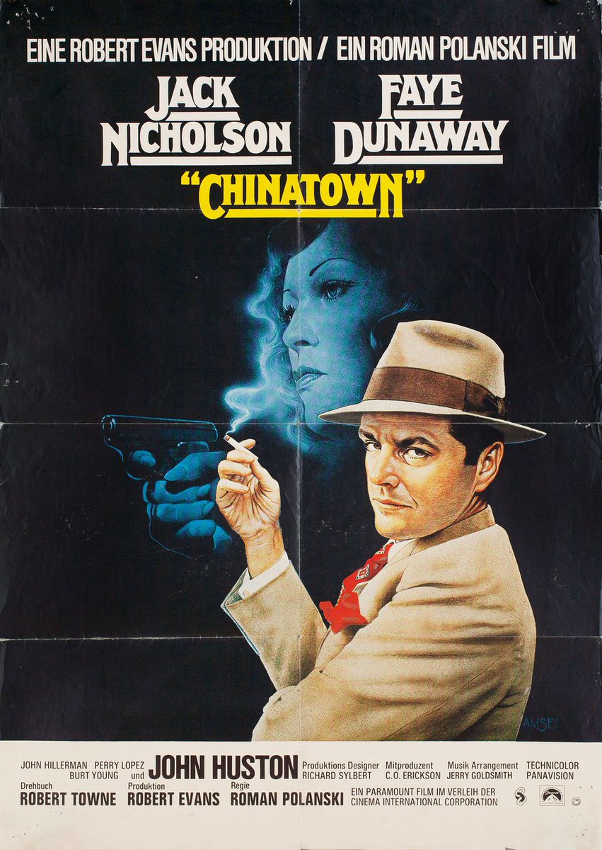 German movie poster for #RomanPolanski's #Chinatown (1974) #JackNicholson #FayeDunaway #JohnHuston