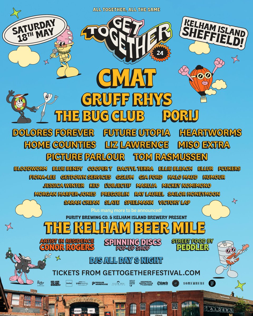 Get Together (@gettogetherfest) on Twitter photo We're back! 💥 We wil be taking over Kelham Island on 18th May headlined by <a href="/cmatbaby/">cmat</a> along with 50+ more artists such as <a href="/gruffingtonpost/">Gruff Rhys</a>, <a href="/thebugclubband/">The Bug Club</a>, <a href="/porij_/">porij</a> , <a href="/Lizmusic/">Liz Lawrence</a>, <a href="/misoextra/">Miso Extra</a> , <a href="/pictureparlour_/">Picture Parlour</a>, <a href="/Maruja_Band/">Maruja</a> and many more!
Tickets go on sale Friday at 10am⏰ We're back! 💥 We wil be taking over Kelham Island on 18th May headlined by <a href="/cmatbaby/">cmat</a> along with 50+ more artists such as <a href="/gruffingtonpost/">Gruff Rhys</a>, <a href="/thebugclubband/">The Bug Club</a>, <a href="/porij_/">porij</a> , <a href="/Lizmusic/">Liz Lawrence</a>, <a href="/misoextra/">Miso Extra</a> , <a href="/pictureparlour_/">Picture Parlour</a>, <a href="/Maruja_Band/">Maruja</a> and many more!
Tickets go on sale Friday at 10am⏰