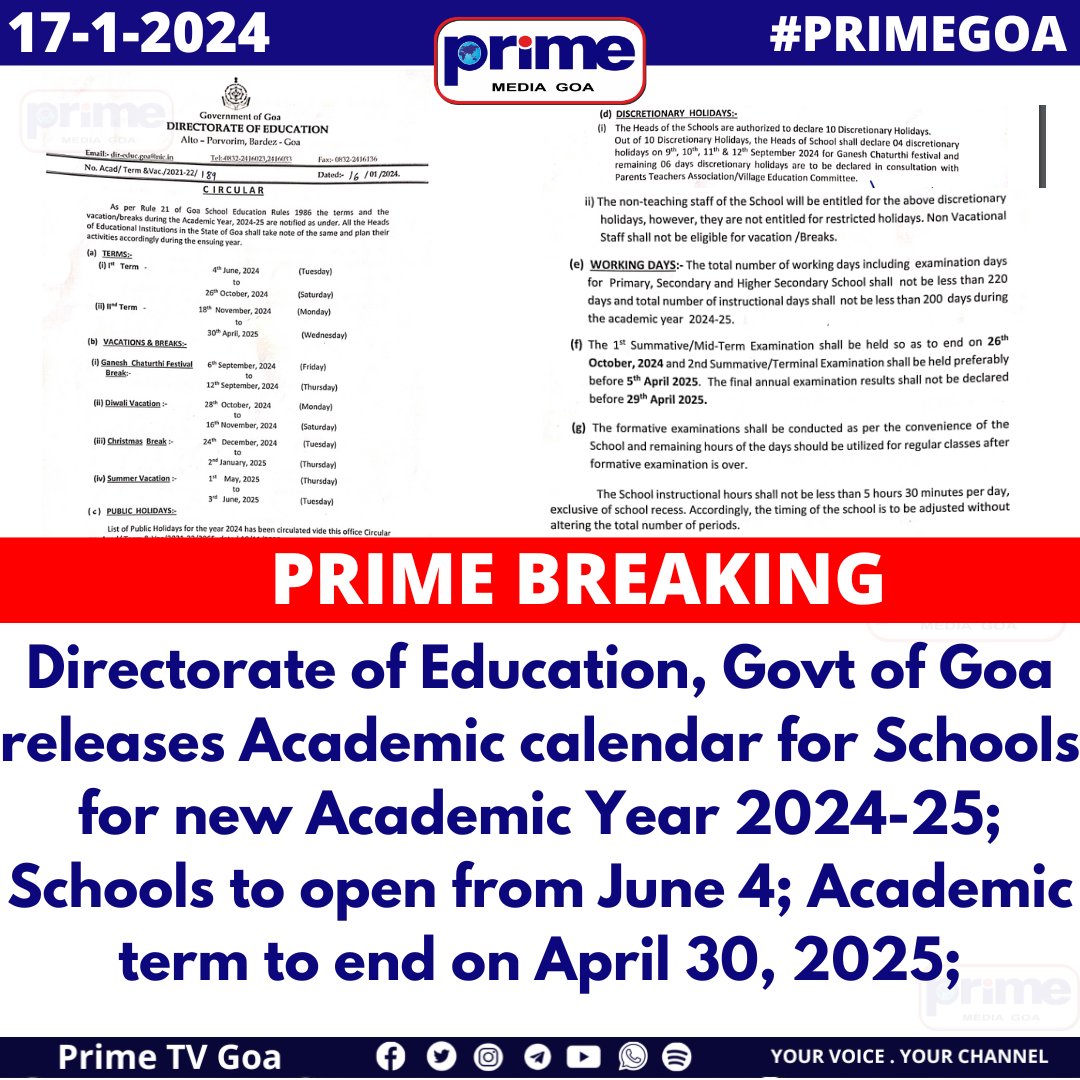 PrimeTVGoa's tweet photo. Directorate of Education, Govt of Goa releases Academic calendar for Schools for new Academic Year 2024-25.
|| #PRIMEGOA #TV_CHANNEL #GOA #PRIMEBREAKING || https://t.co/U5utoeUK3u