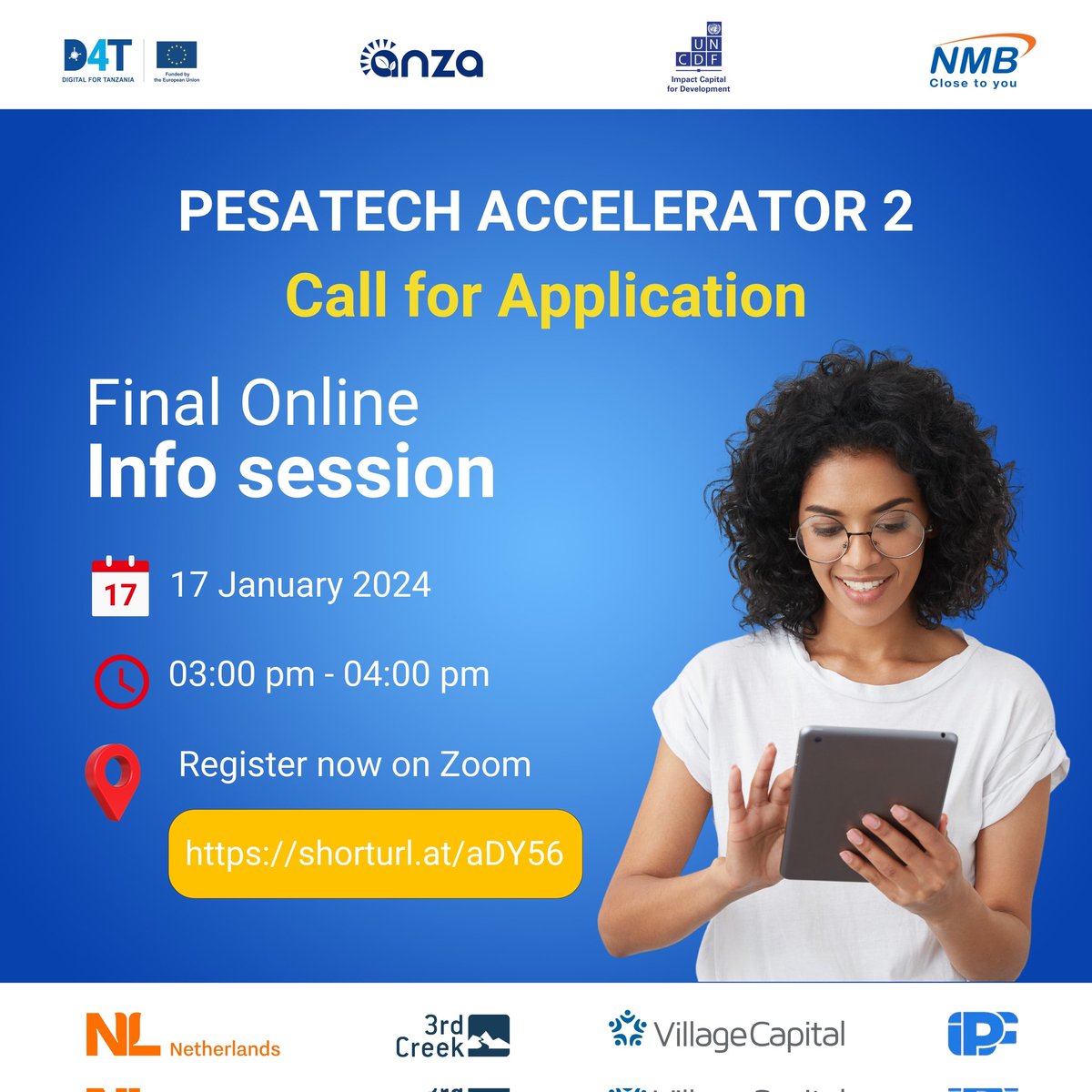 Join us for the PesaTech Accelerator 2 Final Online Info session today. This is your last chance to dive into the future. Don't miss out on the Infosession from 3 pm today. Registration link: shorturl.at/aDY56 @EUinTZ @AnzaInt @UNCDFdigital @NMBTanzania @3rdCreekGrants