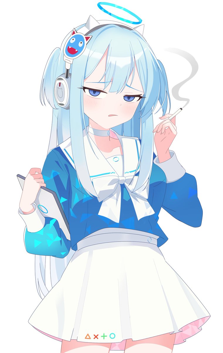 1girl cigarette halo solo headphones skirt school uniform  illustration images