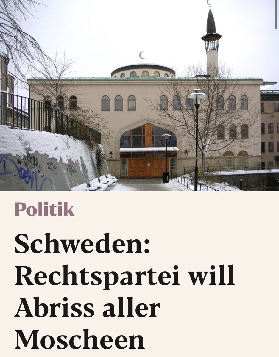 ⚡️🇸🇪Dass diese Forderung für heftige Reaktionen sorgt, ist keine Überraschung: Die „Schwedendemokraten“ fordern, Moscheen, in denen antidemokratische, antischwedische, homophobe oder antisemitische Propaganda verbreitet wird, einfach abzureißen.