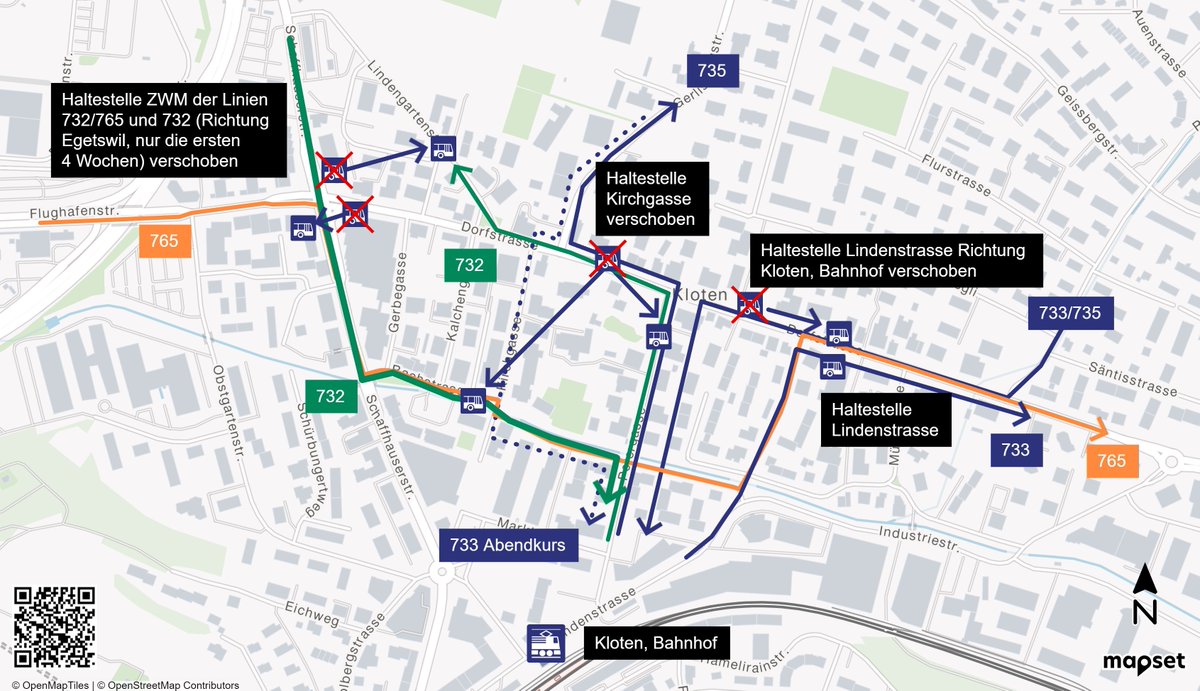 ⚠️ Baustelle Dorfstrasse in Kloten ⚠️ (22.1. bis Sommer 2024) Betroffene Linien: 732, 733, 735, 765. Informationen für Fahrgäste: vbg.ch/baustellen Info-Video des Tiefbauamts: youtube.com/watch?v=qhtj_6… Wir empfehlen, vor jeder Fahrt den ZVV-Online-Fahrplan zu checken.