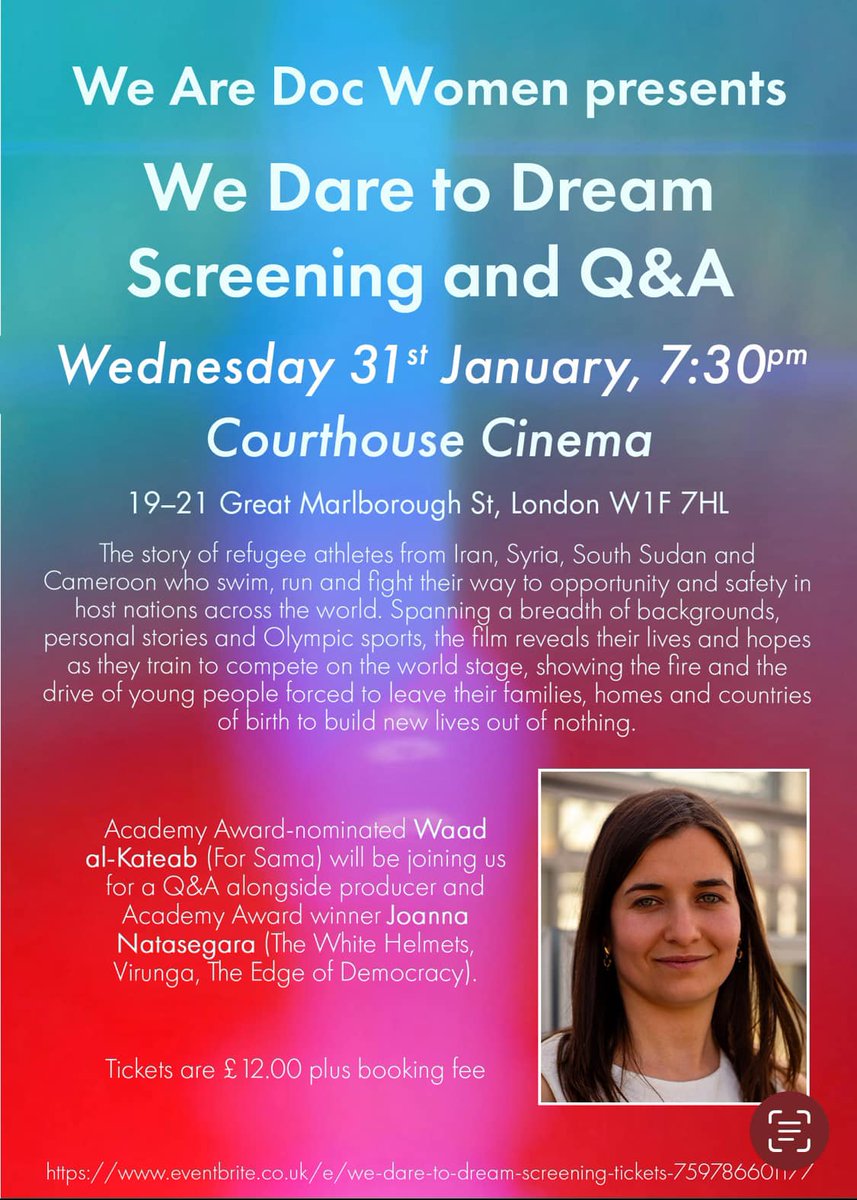 We Are Doc Women (@wearedocwomen) on Twitter photo Our first screening of 2024 is Waad Al-Kateab's "We Dare To Dream" + Q&A on 31st Jan at 7.30pm. Joanna Natasegara can sadly no longer come but <a href="/waadalkateab/">Waad Al-Kateab</a> will be there to answer all your questions.
Book tickets here: eventbrite.co.uk/e/we-dare-to-d… Our first screening of 2024 is Waad Al-Kateab's "We Dare To Dream" + Q&A on 31st Jan at 7.30pm. Joanna Natasegara can sadly no longer come but <a href="/waadalkateab/">Waad Al-Kateab</a> will be there to answer all your questions.
Book tickets here: eventbrite.co.uk/e/we-dare-to-d…