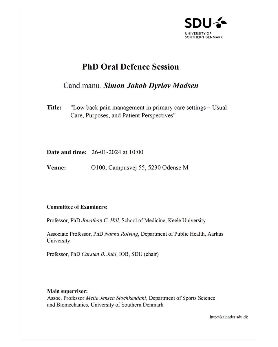 PHD-DEFENCE

Chiropractor Simon Dyrløv Madsen defends his PhD-thesis Low back pain management in primary care settings – Usual Care, Purposes, and Patient Perspectives in room O100 at the University of Southern Denmark on January 26th, 10.00 am.
