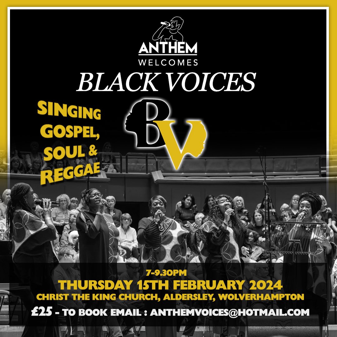WHO’S READY FOR ANOTHER WORKSHOP WOLVERHAMPTON? 🖤✨ We are delighted to be welcoming the incredible Carol & Celia from @BlackVoicesUK for a Gospel, Soul & Reggae workshop! 😍 THIS WORKSHOP IS AVAILABLE TO ALL SINGERS AGED 16+ Please see flyer for details on how to book! 👇