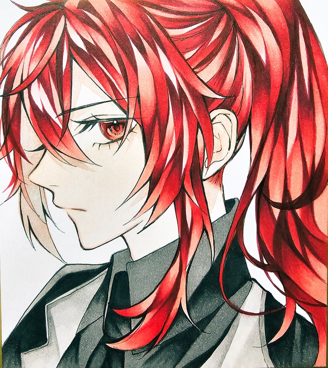 diluc (genshin impact) red eyes red hair 1boy traditional media male focus solo ponytail  illustration images