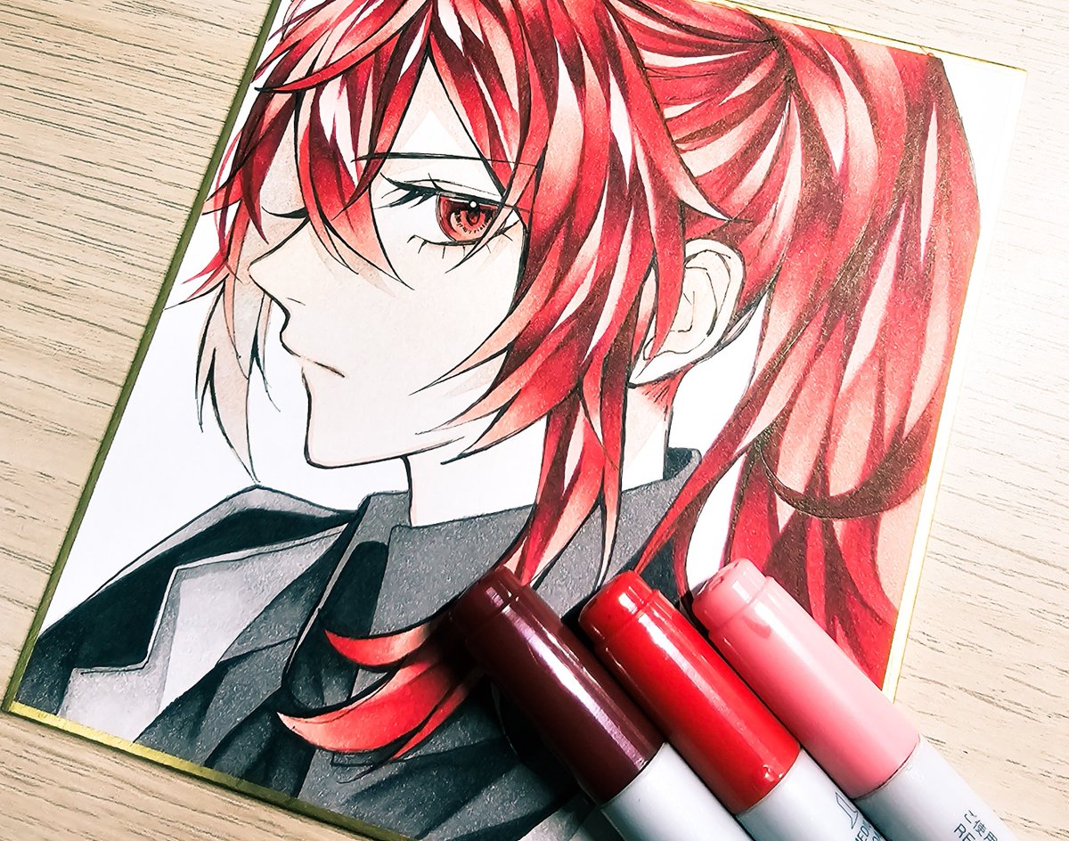 diluc (genshin impact) red eyes red hair 1boy traditional media male focus solo ponytail  illustration images