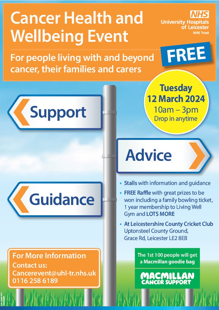 Join us for the Cancer Health and Wellbeing Event on Tuesday 12 March 2024 from 10am till 3pm at Leicester County Cricket Club, Uptonsteel County Ground, Grace Road, Leicester LE2 8EB.
For further information see the poster below.
#NHS #LLRICB #Cancer <a href="/NHS_LLR/">NHS Leicester, Leicestershire and Rutland</a>