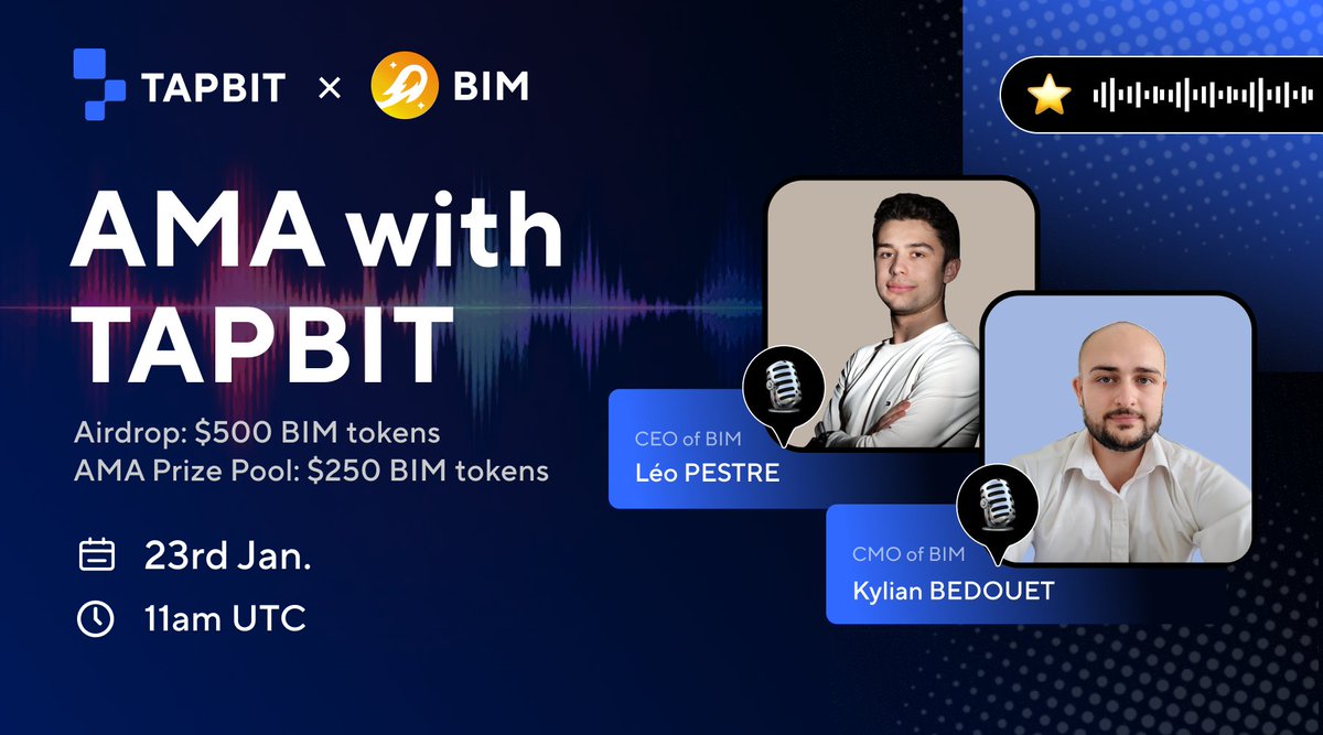 Tapbitglobal's tweet photo. 🔥Tapbit x @BIM_Finance Community AMA #Airdrop！

🤑$500 in $BIM Giveaway (25 winners)

1⃣Follow @Tapbitglobal & @BIM_Finance
2⃣RT, like & tag 3 friends
3⃣Fill in the gleam: https://t.co/tST1pM2WGy

⏰Date: Jan 17, 10:00am - Jan 22, 23:59pm (UTC)

Stay tuned for the AMA for a chance to win tokens worth $500 total. 🚀 Good luck! 🎉 

#Airdrops #Giveaways #AMA #Tapbit #crypto