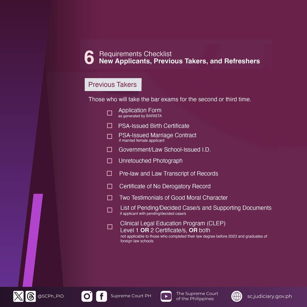 SCPh_PIO's tweet photo. Reminders on the ongoing application for the #Bar2024 Examinations.

The Bar Applicant Registration Information System and Tech Assistance (BARISTA) User Guide may be read in full at https://t.co/8ID35WsEkN.

#BarNiJLo2024 #MostValuableLaban #MarVeLousBar (2 of 2) https://t.co/9zMPEPB4Iz