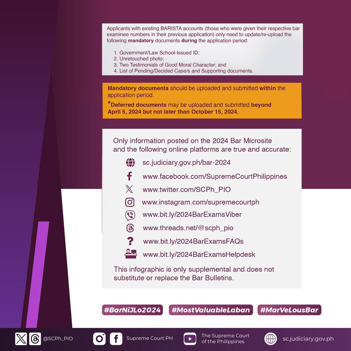 SCPh_PIO's tweet photo. Reminders on the ongoing application for the #Bar2024 Examinations.

The Bar Applicant Registration Information System and Tech Assistance (BARISTA) User Guide may be read in full at https://t.co/8ID35WsEkN.

#BarNiJLo2024 #MostValuableLaban #MarVeLousBar (2 of 2) https://t.co/9zMPEPB4Iz