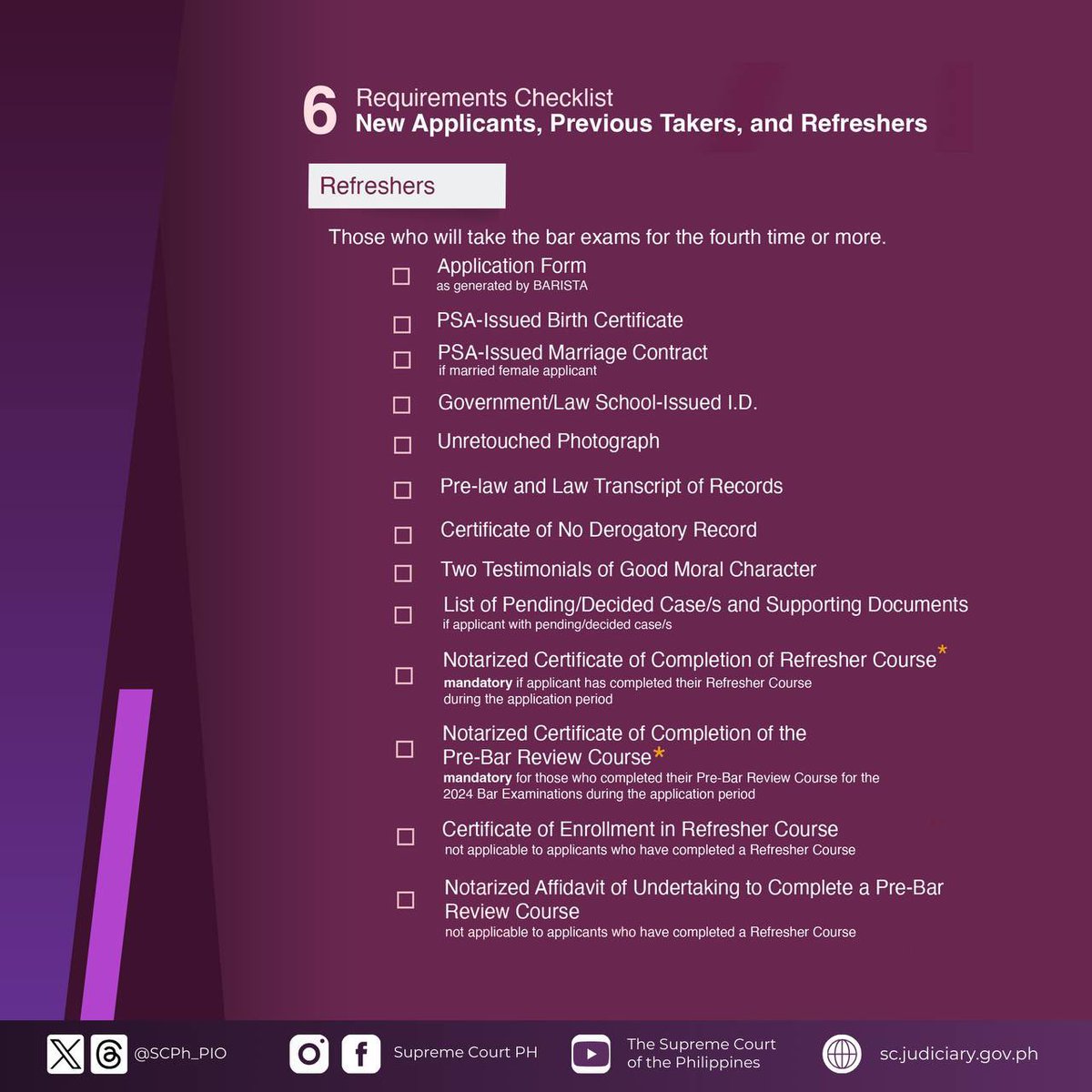 SCPh_PIO's tweet photo. Reminders on the ongoing application for the #Bar2024 Examinations.

The Bar Applicant Registration Information System and Tech Assistance (BARISTA) User Guide may be read in full at https://t.co/8ID35WsEkN.

#BarNiJLo2024 #MostValuableLaban #MarVeLousBar (2 of 2) https://t.co/9zMPEPB4Iz