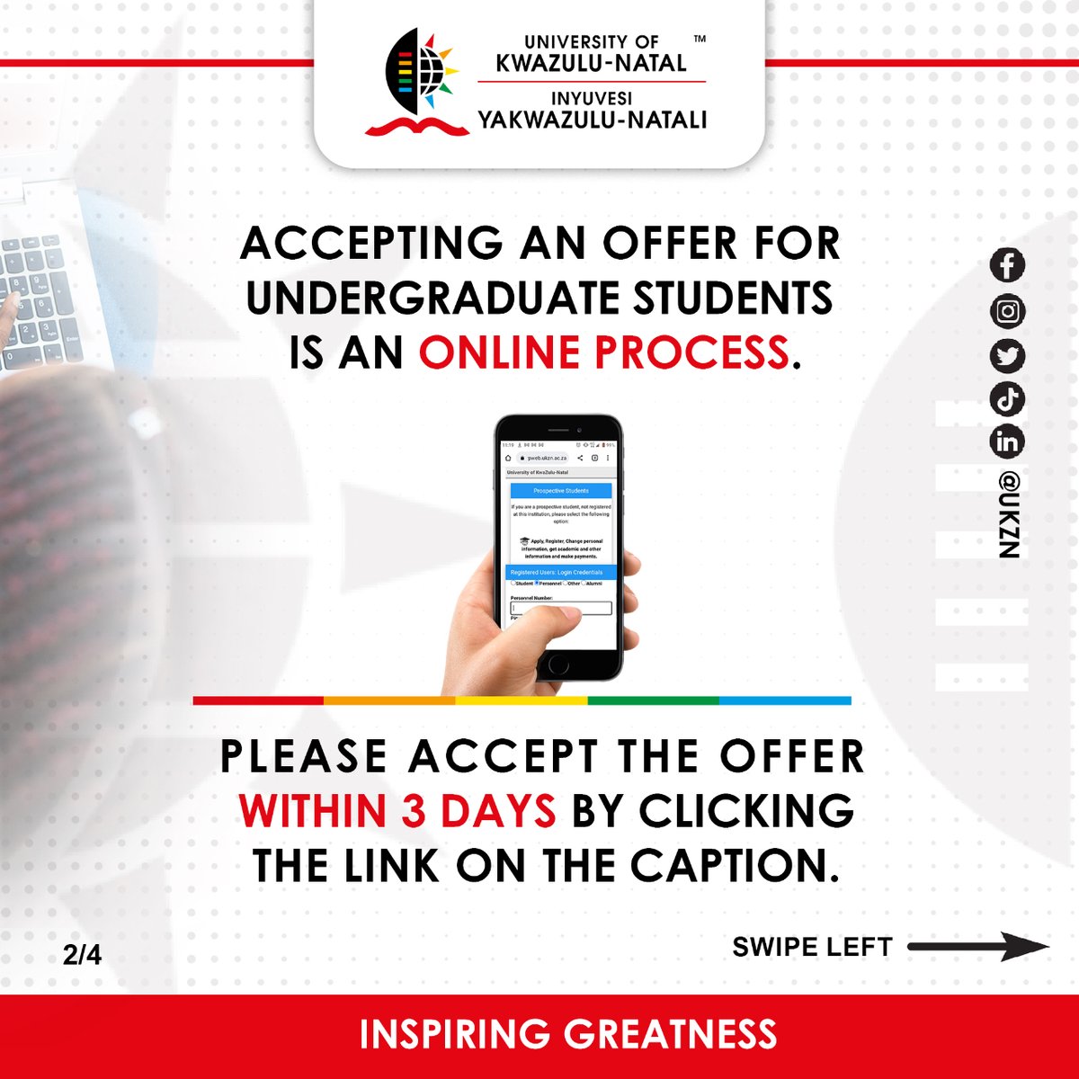 UKZN's tweet photo. Hey, UKZN community!

Here is a step-by-step guide on how to accept an offer at UKZN.

#UKZNRegistration2024 
#Inspringgreatness 
#UKZN https://t.co/HviBxb2rss