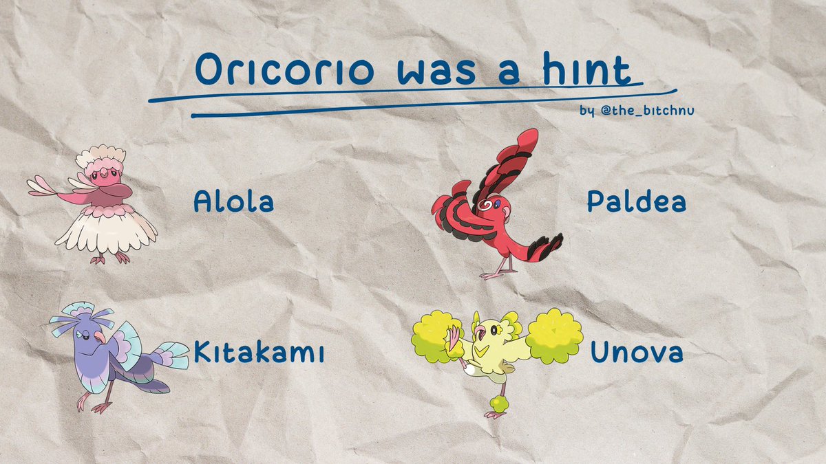 the_bitchnu's tweet photo. I guess this has been discussed before, right? 

In my mind Oricorio was a nice little teaser for what is coming in future Pokémon games. 

#Pokemon #PokemonTheory #PokemonTheories https://t.co/99dRLPHLFZ