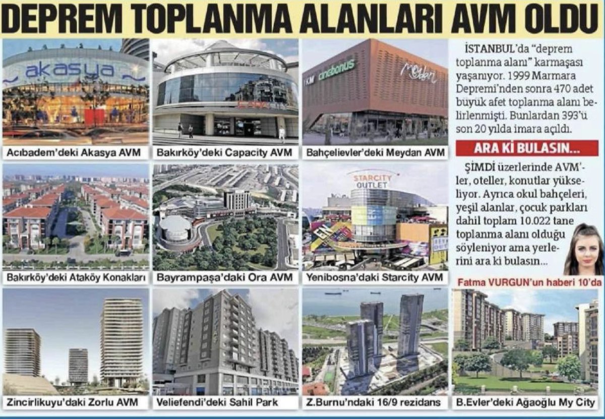 Aşağıdaki deprem toplanma alanlarının tümü, Çevre ve Şehircilik Bakanlığı ve 2019 öncesi AKP'li belediye başkanlarının oınayıyla AVM'ye çevrildi.