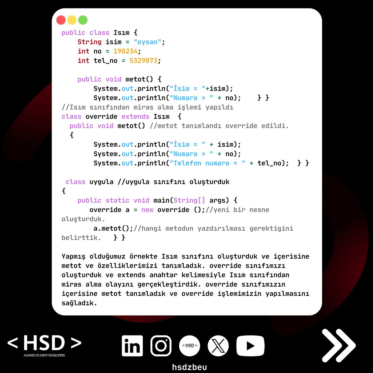 hsdzbeu's tweet image. #programlamadilleri #java #javaprogramming #yazılım #overriting #kalıtım #OOP