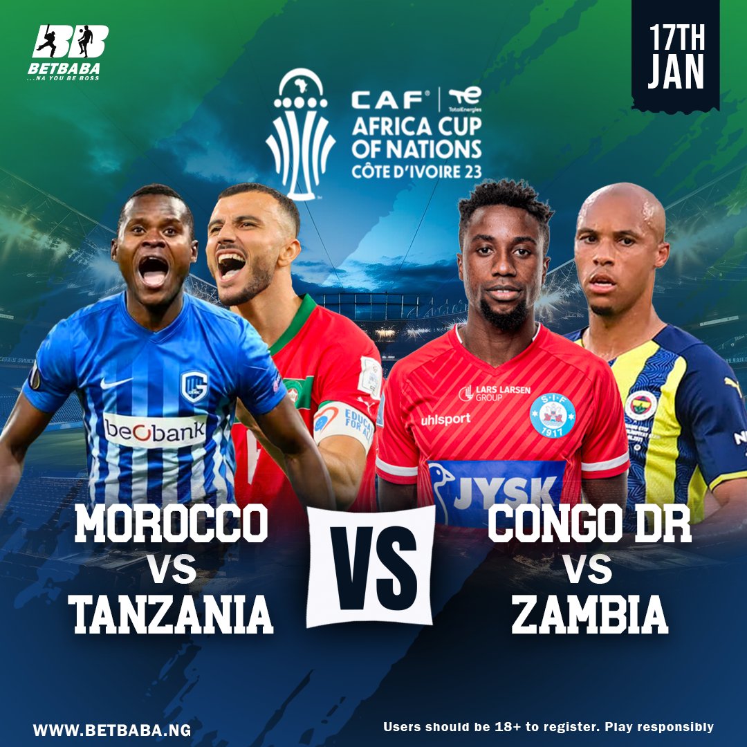 #AFCON2023 Heats up with thrilling matches: Morocco vs Tanzania and DR Congo vs Zambia. Who's your pick for victory? #FootballShowdown #SportsBetting #BetBaba_NG ⚽️🔥