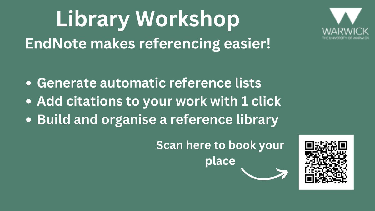 Need help with your referencing?

Our EndNote workshops may be exactly what you need!

Sign up to a session here: warwick.ac.uk/services/libra…