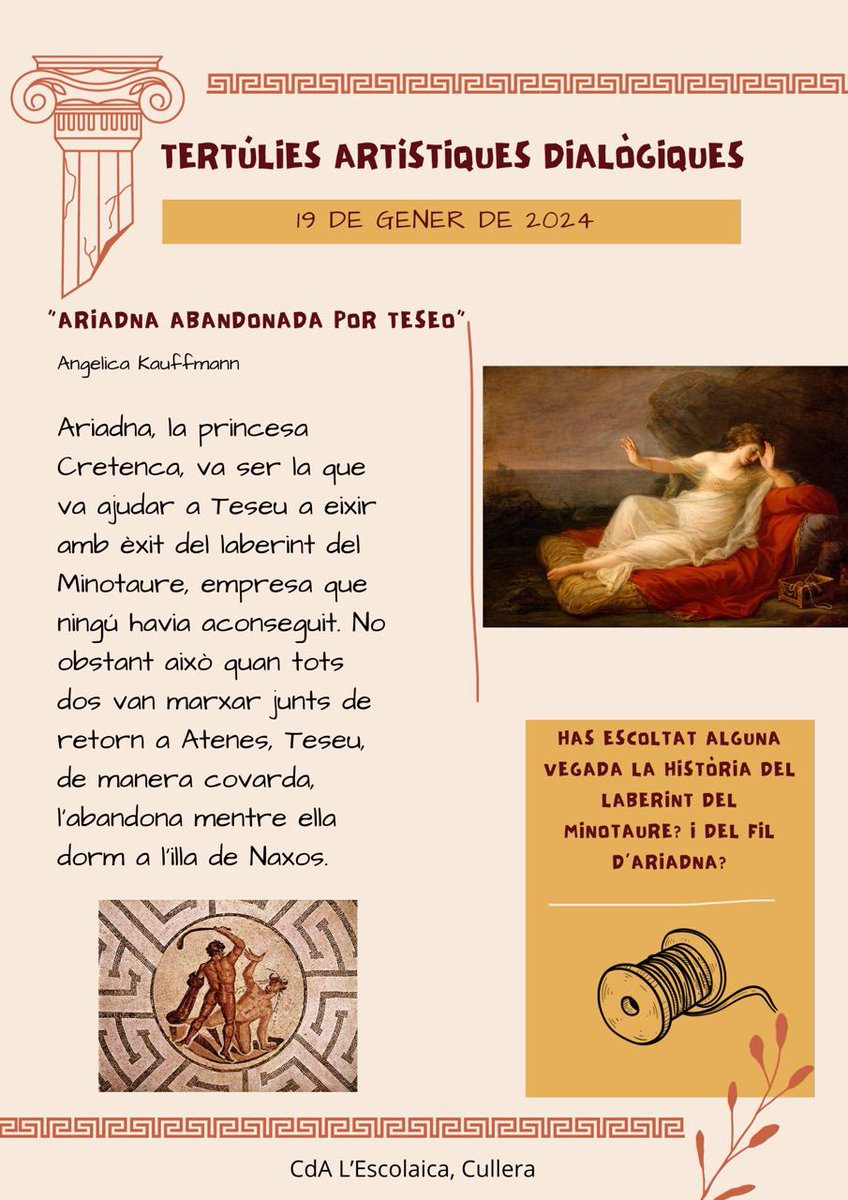 Aquest divendres dialogarem en la tertúlia artística aquesta obra. Saps qui és Ariadna? I Teseo? Et sona el mite del “Laberinto del Minotauro”? Estàs convidat/da a participar!