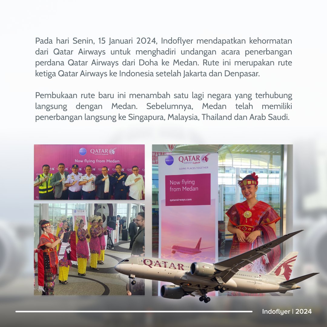 indoflyer's tweet photo. 15 Januari 2024, #indoflyer diundang Qatar Airways untuk menyambut penerbangan perdana ke Medan Penerbangan QR966 ditempuh selama 6 jam 23 menit dari Doha menggunakan Boeing 787-8.
Rute ini akan meningkatkan konektivitas Medan dengan destinasi dunia dalam jaringan Qatar Airways https://t.co/l3KjyKx8IN