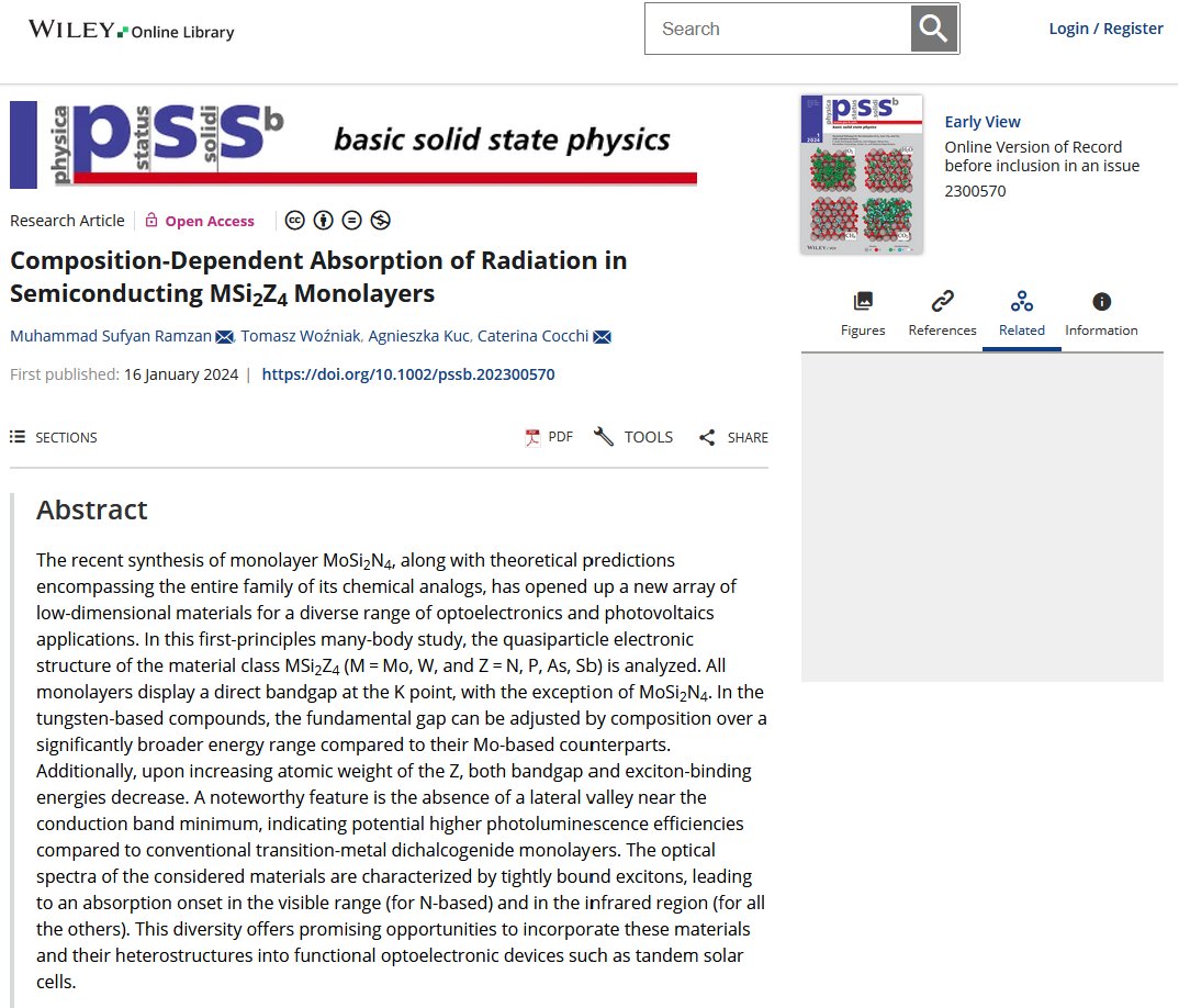 I am happy to share our new article published recently. In this work, we studied (opto-)electronic properties of a new class of materials using state-of-the-art first-principles many-body simulations. Here is the link:

lnkd.in/di8SzY8n