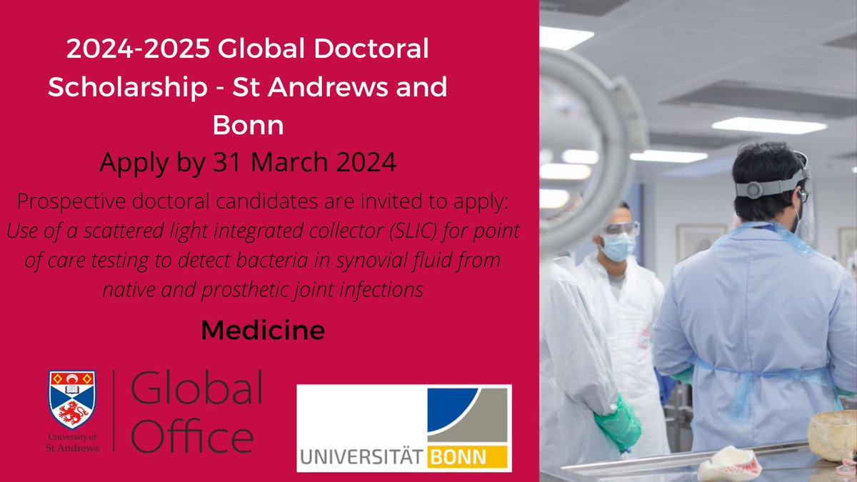 Global Office, University of St Andrews (@globalofficesta) on Twitter photo 📢Launching a call for applications
Global doctoral scholarship in Medicine - fully funded joint PhD with <a href="/univofstandrews/">University of St Andrews</a> 🏴and <a href="/UniBonn/">Rheinische Friedrich-Wilhelms-Universität Bonn</a> 🇩🇪
⏳Apply by 31 March
🔍Applications and details: tinyurl.com/245cmy4b
<a href="/StLeonards_PGs/">St Leonard's Postgraduate College</a> <a href="/StAfunding/">St Andrews Scholarships and Funding</a> <a href="/StAndMedicine/">School of Medicine</a> 📢Launching a call for applications
Global doctoral scholarship in Medicine - fully funded joint PhD with <a href="/univofstandrews/">University of St Andrews</a> 🏴and <a href="/UniBonn/">Rheinische Friedrich-Wilhelms-Universität Bonn</a> 🇩🇪
⏳Apply by 31 March
🔍Applications and details: tinyurl.com/245cmy4b
<a href="/StLeonards_PGs/">St Leonard's Postgraduate College</a> <a href="/StAfunding/">St Andrews Scholarships and Funding</a> <a href="/StAndMedicine/">School of Medicine</a>