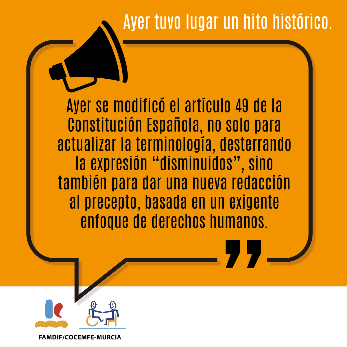 📢​ Hito histórico:

🧾​🇪🇸​ Ayer se dio un paso decisivo en la modificación el art. 49 de la Constitución, no solo para actualizar la terminología, desterrando la expresión “disminuidos”, y dando una nueva redacción al precepto, basada en un exigente enfoque de derechos humanos.