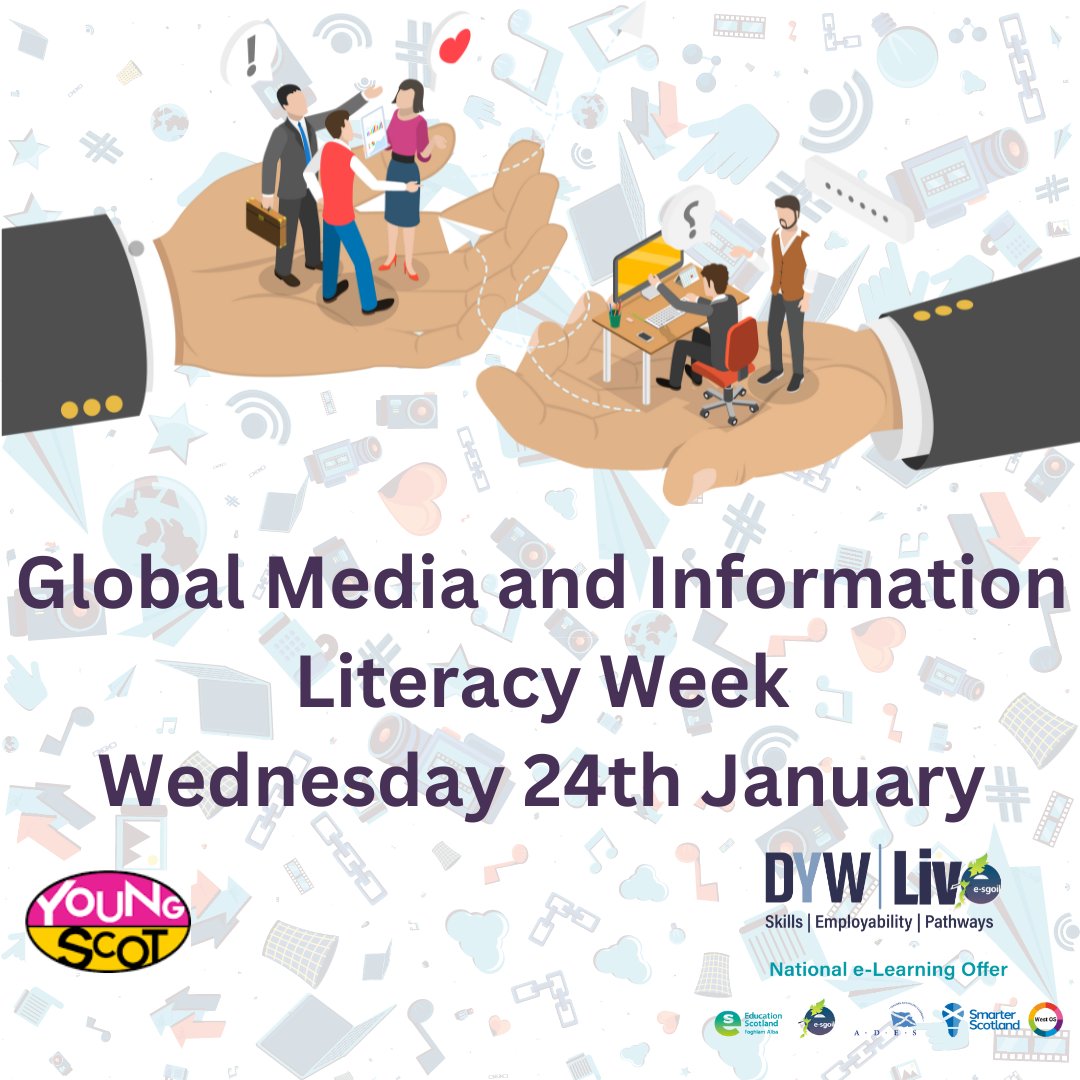 YoungScot's tweet photo. 📆 Don't forget that @DYWLive are running information sessions for young people for #InformationLiteracyWeek on January 24!
Sign up your pupils to join us online to learn how to identify, use & evaluate the information they see everyday! ⬇️
https://t.co/NubFGTFSLp https://t.co/EMUZM3usbm