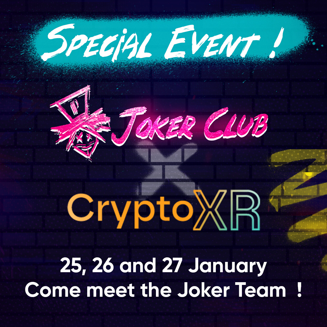 Joker Club is thrilled to announce our participation at Crypto XR in Auxerre, on January 25th, 26th, and 27th! 🃏
Meet the Joker Club team at our booth filled with surprises 

Get your tickets here cryptoxr.fr
#JokerClub #CryptoXR #Auxerre #NFTCommunity #CryptoEvents