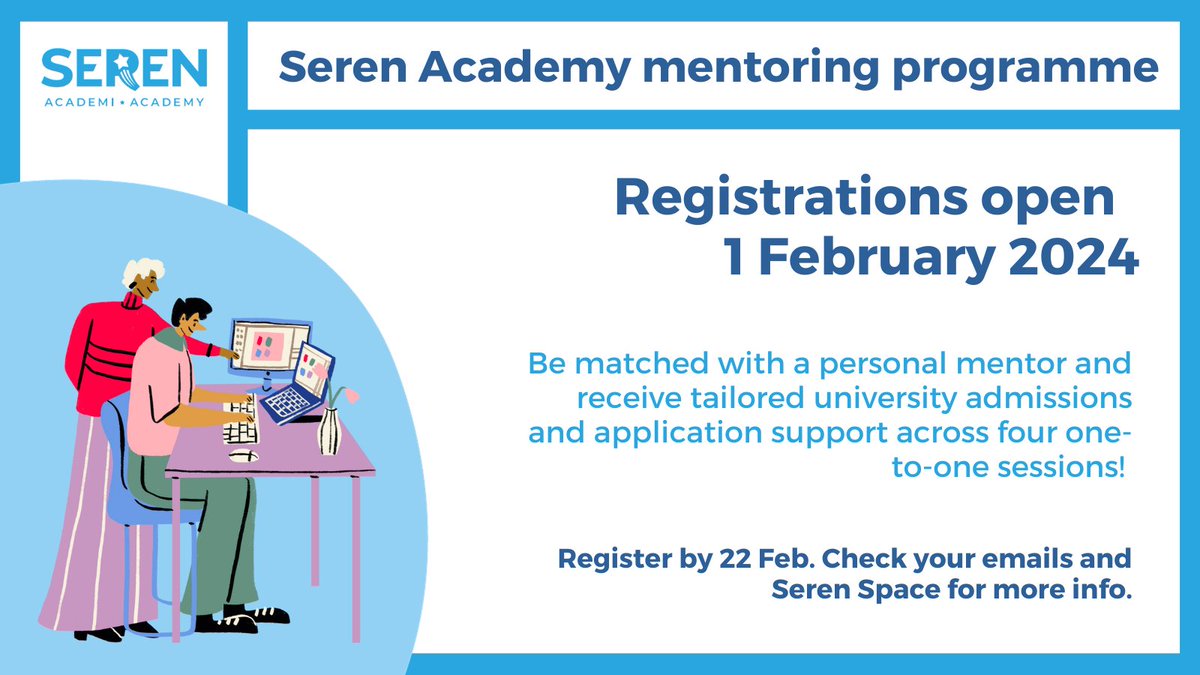 Year 12 Seren learners 📢

Registrations for the Seren Academy mentoring programme open 1 February!

Make a lasting impression in your university applications🎓 admissions tests 📝 and mock interviews 🗣️ with the support of a personal mentor!

Check your emails for more info 📧