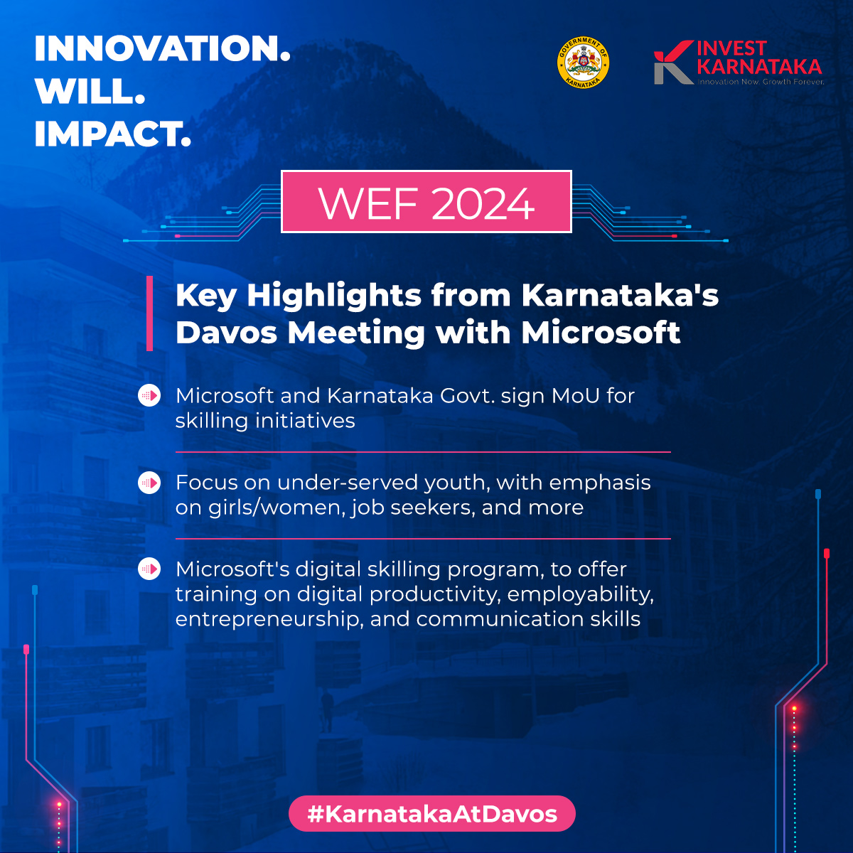At #WEF24, #GoK partners with @Microsoft on a transformative skilling initiative. Hon. Min. @mbpatil discusses with Microsoft's Jean-Philippe Courtois, the opportunities for under-served youth. #KarnatakaAtDavos #KarnatakaGrowthStory #DigitalOpportunities