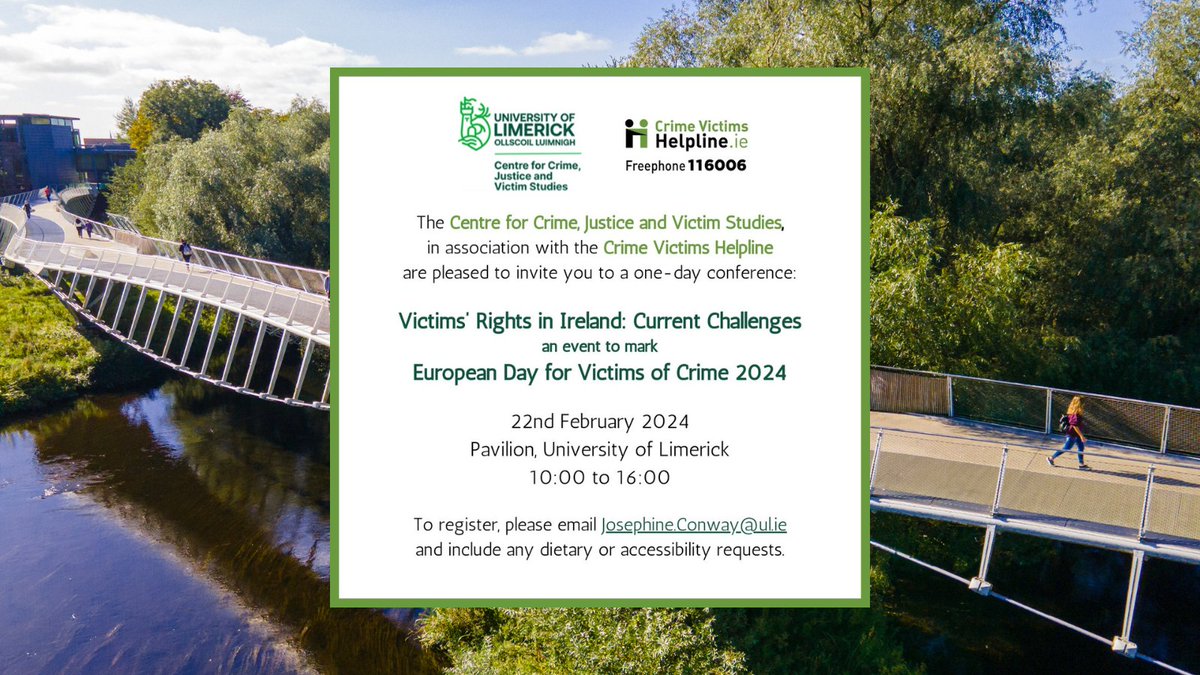 UL School of Law (@ulschooloflaw) on Twitter photo 📅 CCJVS Conference 22 Feb 2024 📅
<a href="/ccjvsul/">Centre for Crime, Justice & Victim Studies (CCJVS)</a> at UL School of Law is co-hosting an event with Victims Of Crime Helpline on 22 Feb 2024.
This will be a great way to mark the European Day for Victims of Crime 2024.
Registrations/RSVP's may be directed to josephine.conway@ul.ie 📅 CCJVS Conference 22 Feb 2024 📅
<a href="/ccjvsul/">Centre for Crime, Justice & Victim Studies (CCJVS)</a> at UL School of Law is co-hosting an event with Victims Of Crime Helpline on 22 Feb 2024.
This will be a great way to mark the European Day for Victims of Crime 2024.
Registrations/RSVP's may be directed to josephine.conway@ul.ie
