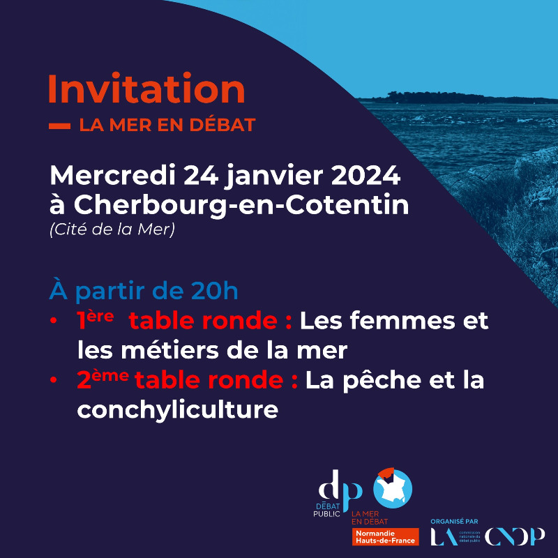 ⛵📩 Invitation escale Cherbourg
Mercredi 24/01 à 20h, l’équipe du débat Normandie-HDF vous invite à la <a href="/Cite_de_la_Mer/">La Cité de la Mer</a> pour 2 tables rondes sur :
🔹 Les femmes et les métiers de la mer
🔹 La pêche et la conchyliculture

👉 Inscrivez-vous : debatpublic.fr/la-mer-en-deba…

#LaMerEnDebat