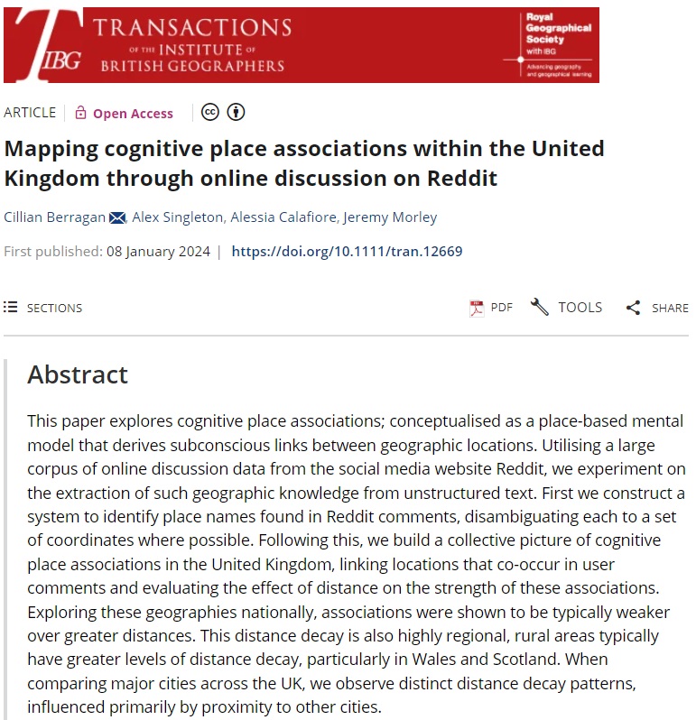 📣New paper published in #TIBG by @cjberragan, @alexsingleton (@LivUni), @alel_domi (@EdinburghUni) & @jeremy_morley (@OrdnanceSurvey): 'Mapping cognitive place associations within the United Kingdom through online discussion on Reddit.'💻#OpenAccess doi.org/10.1111/tran.1…