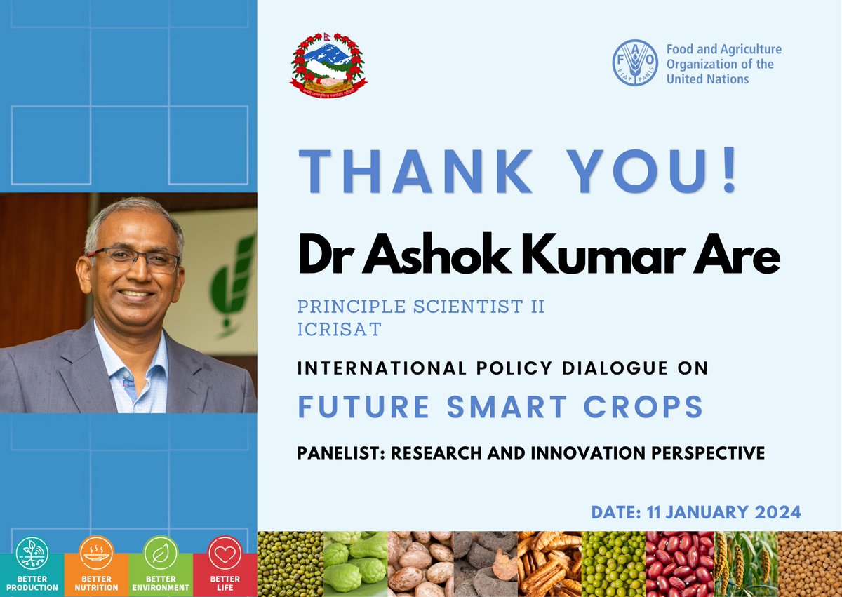 ICRISAT (@icrisat) on Twitter photo ICRISAT at International Policy Dialogue on Future Smart Crop organized by @FAOinNepal
Dr <a href="/AshokKumarAre3/">Ashok Kumar Are</a> contributed to the dialogue, offering insights on Integrating Future Smart Crops: Research and Innovation Perspectives. ICRISAT at International Policy Dialogue on Future Smart Crop organized by @FAOinNepal
Dr <a href="/AshokKumarAre3/">Ashok Kumar Are</a> contributed to the dialogue, offering insights on Integrating Future Smart Crops: Research and Innovation Perspectives.