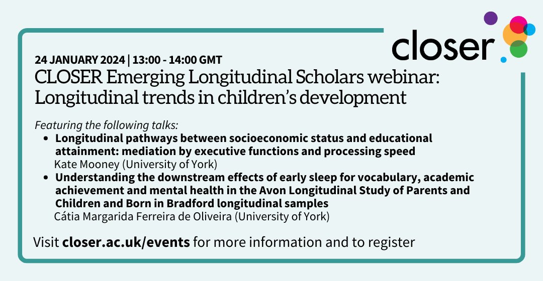 CLOSER_UK's tweet image. 🔔The one-week countdown to our first-ever Emerging Longitudinal Scholars webinar starts now!

Sign up now to hear our speakers - @Kate__Mooney
&amp;amp; Cátia Margarida Ferreira de Oliveira - share their research on longitudinal trends in children's development: closer.ac.uk/event/els-chil…
