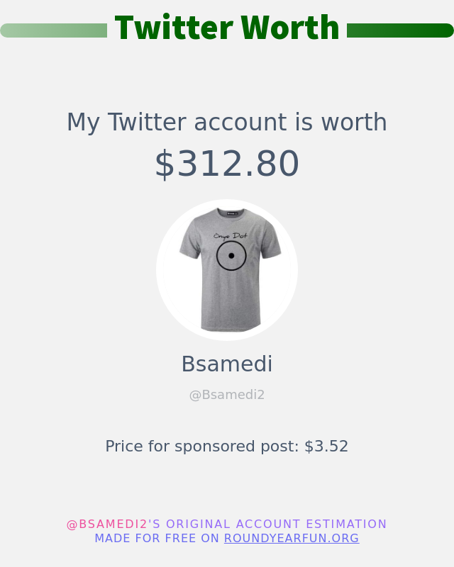Bsamedi2's tweet photo. My Twitter worth is: $312.80

➡️ https://t.co/u7DL9mQwub https://t.co/9U7sgn6q32
